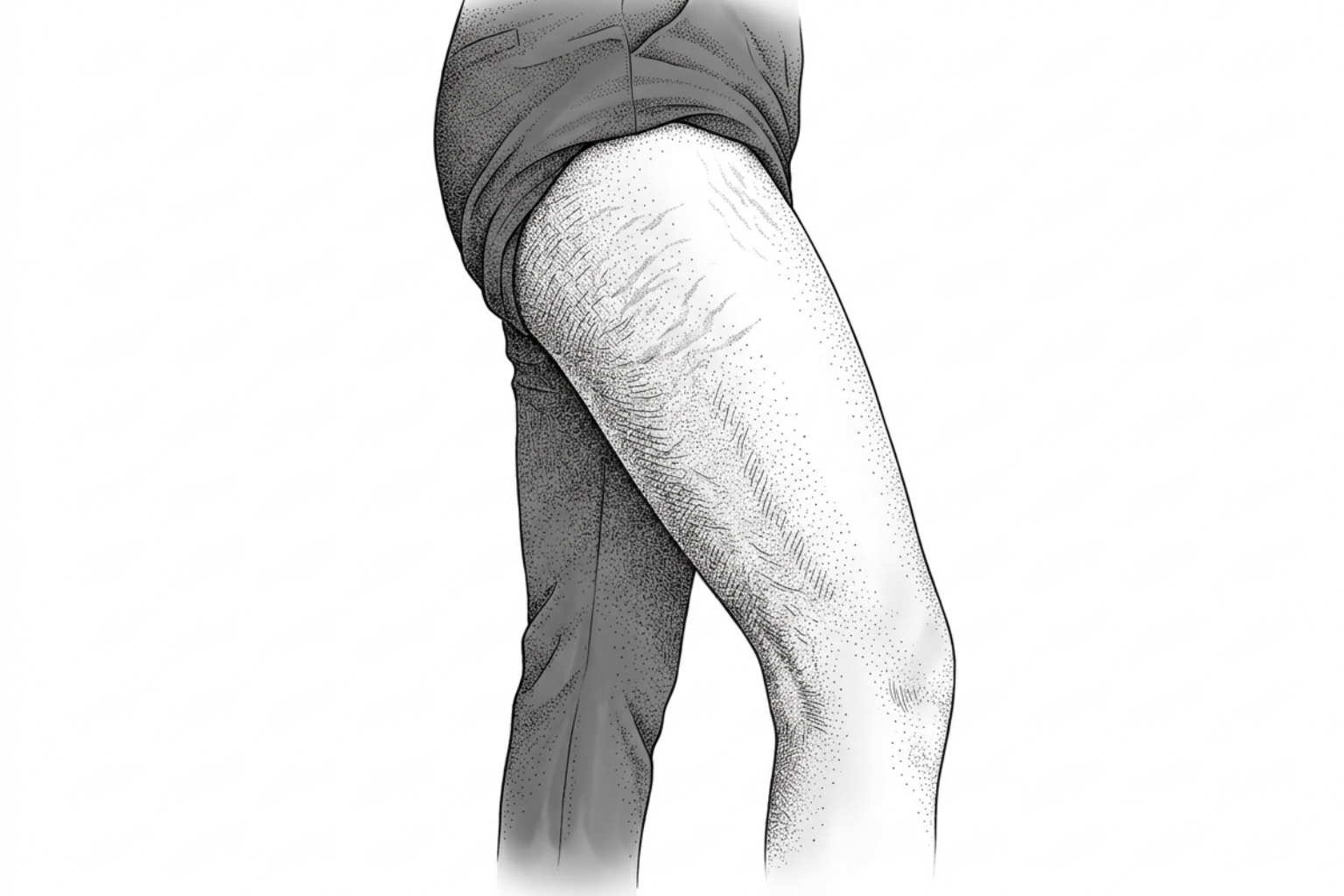 Stippled line drawing of a thigh with faint stretch marks along the inner thigh