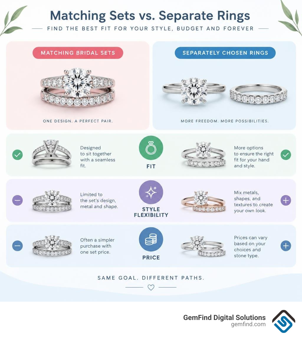 Comparison of matching bridal sets and separately chosen rings by fit, style flexibility, and price infographic
