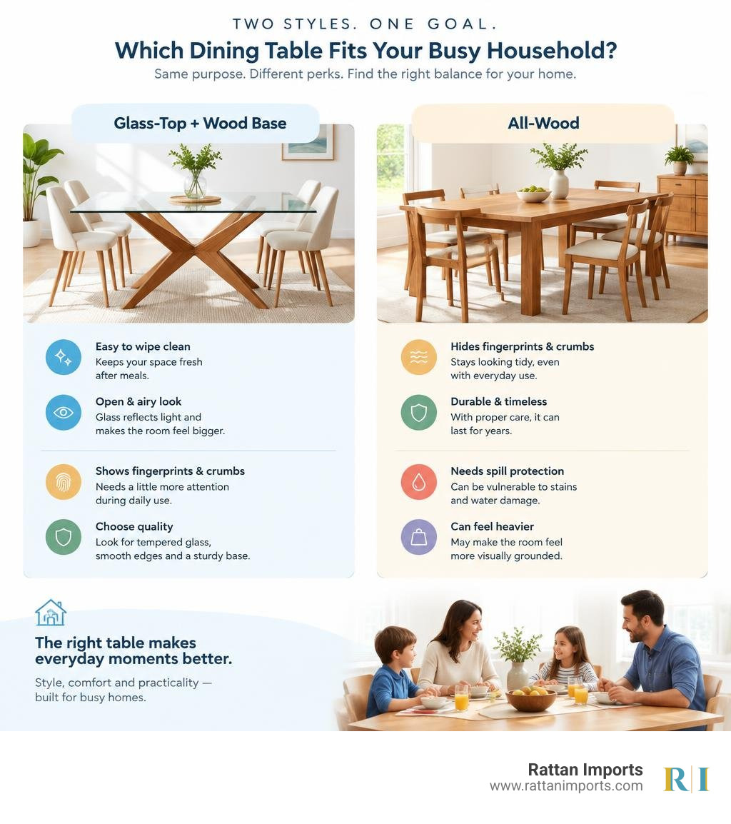 Comparison of glass-top wood-base and all-wood dining tables for busy households infographic Comparison of glass-top wood-base and all-wood dining tables for busy households infographic