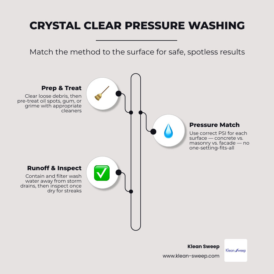 Commercial pressure washing workflow: clear debris, treat stains, wash safely, manage runoff, inspect infographic Commercial pressure washing workflow: clear debris, treat stains, wash safely, manage runoff, inspect infographic