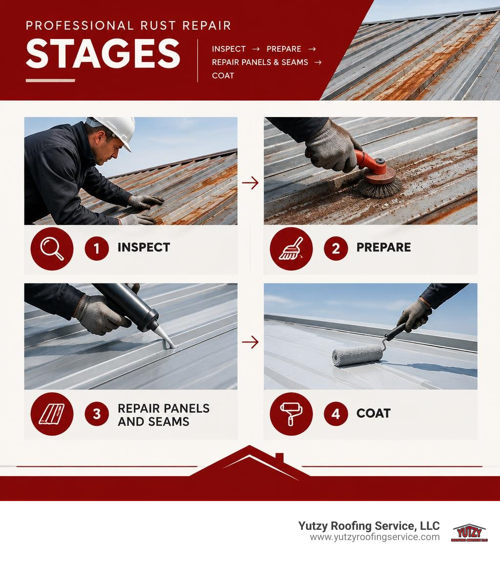 Professional rust repair stages: inspect, prepare, repair panels and seams, then coat infographic Professional rust repair stages: inspect, prepare, repair panels and seams, then coat infographic