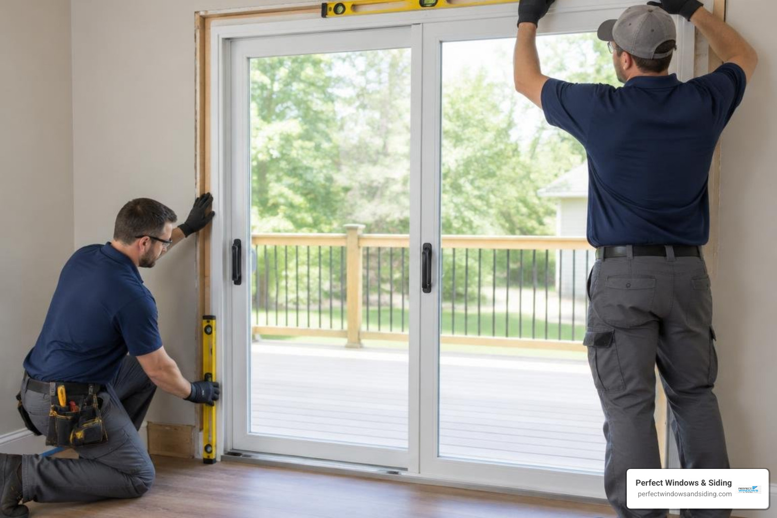 professional technicians securing and leveling a new double sliding patio door frame professional technicians securing and leveling a new double sliding patio door frame