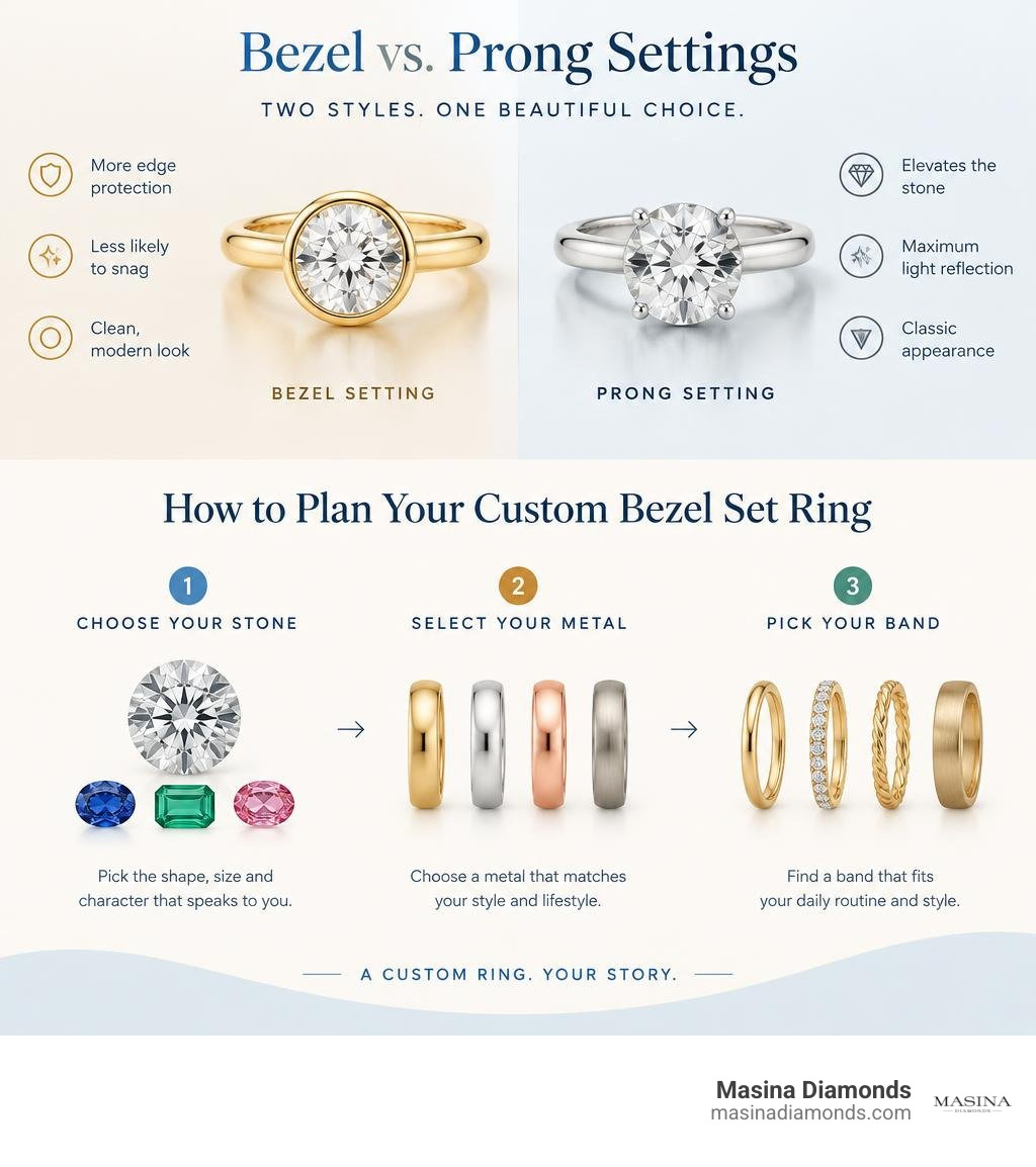 Comparison of bezel and prong settings, with steps for choosing a stone, metal, and band infographic