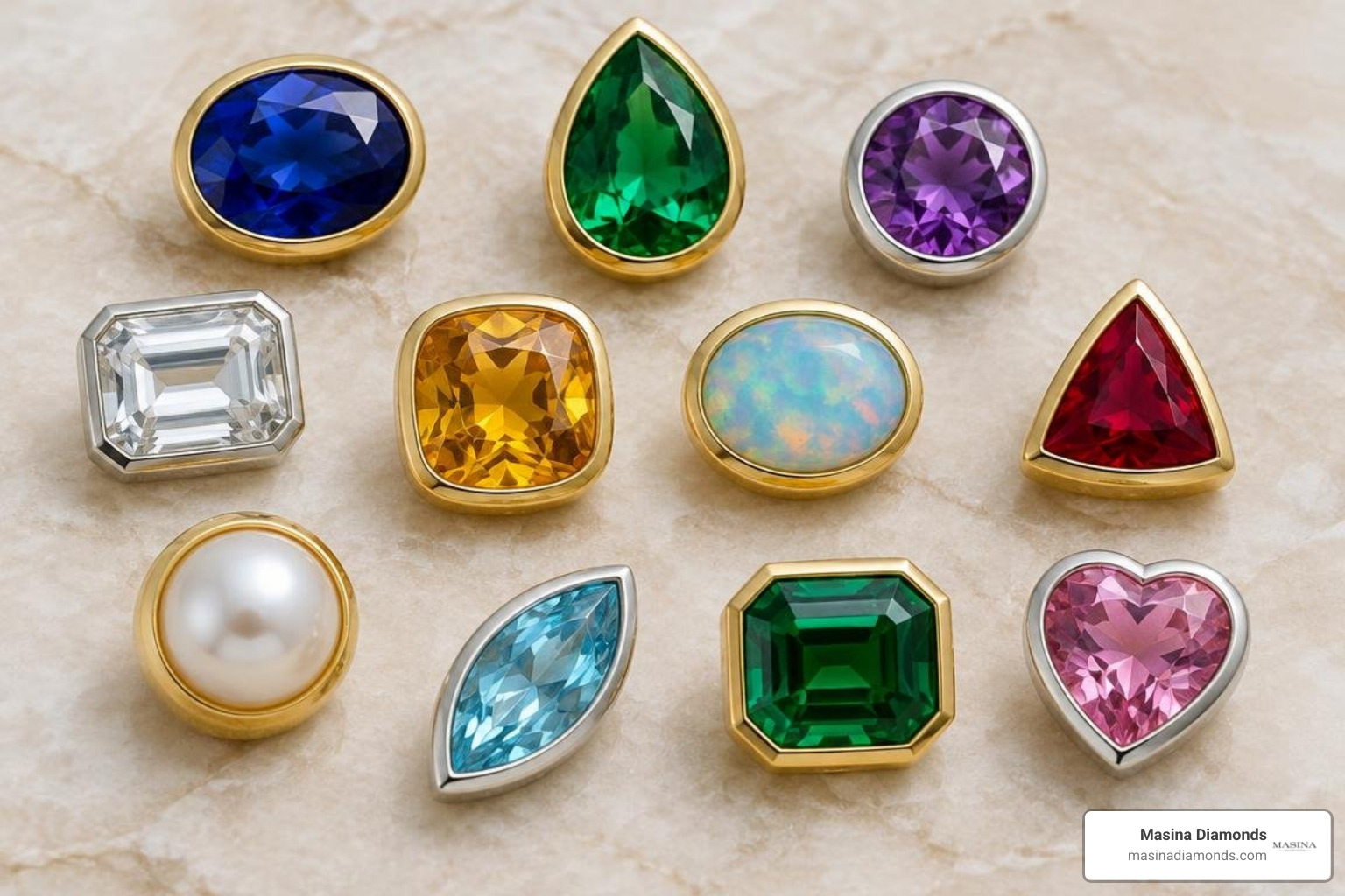various gemstone shapes framed in custom bezel collars