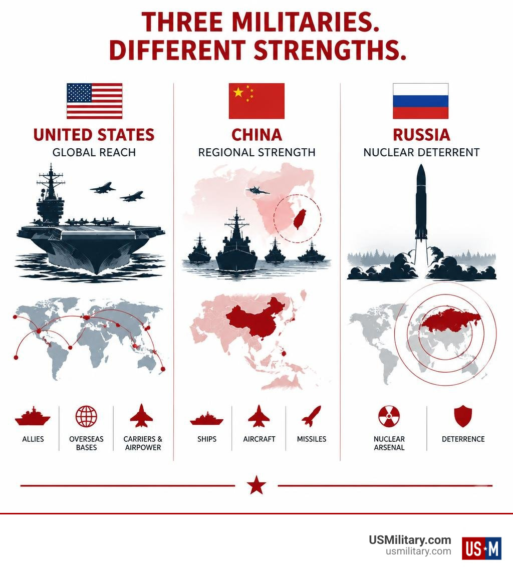 Comparison of US global reach, China's regional strength, and Russia's nuclear deterrent infographic