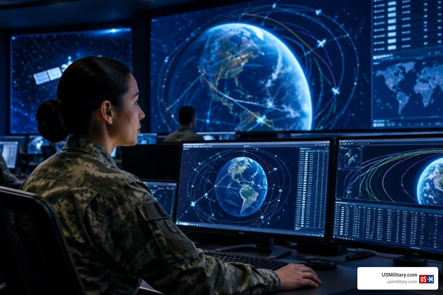 US Space Force guardian tracking satellites from operational control center