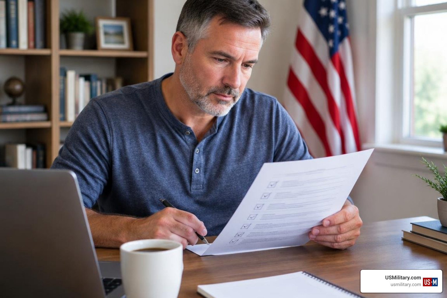 United States veteran reviewing a VA home loan document checklist United States veteran reviewing a VA home loan document checklist