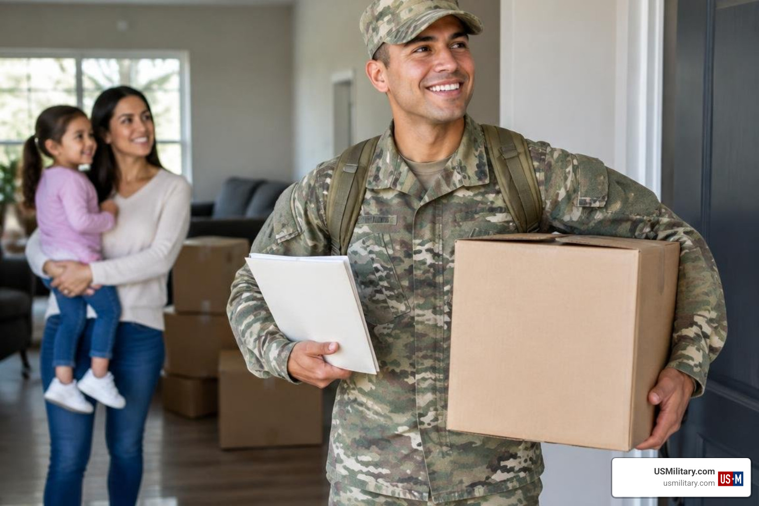 United States military service member with moving boxes and PCS military orders United States military service member with moving boxes and PCS military orders