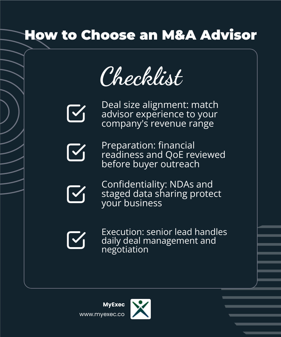 MyExec checklist for choosing an M&A advisor: deal size alignment, preparation, confidentiality, and execution MyExec checklist for choosing an M&A advisor: deal size alignment, preparation, confidentiality, and execution