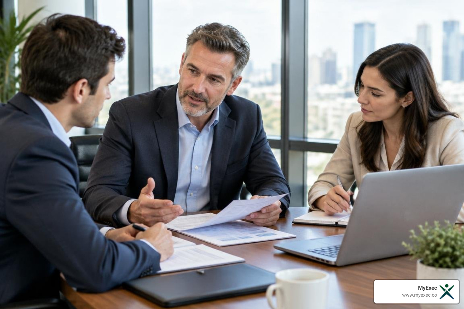 Business owner meeting with M&A advisors to review financial documents Business owner meeting with M&A advisors to review financial documents