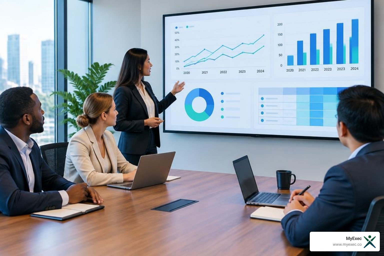 Finance leader presenting multi-year revenue and retention charts to an executive team