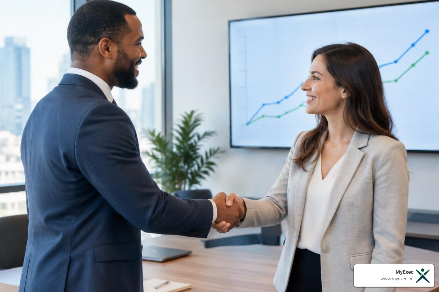 Two executives shaking hands in a conference room in front of a screen showing rising revenue trend lines