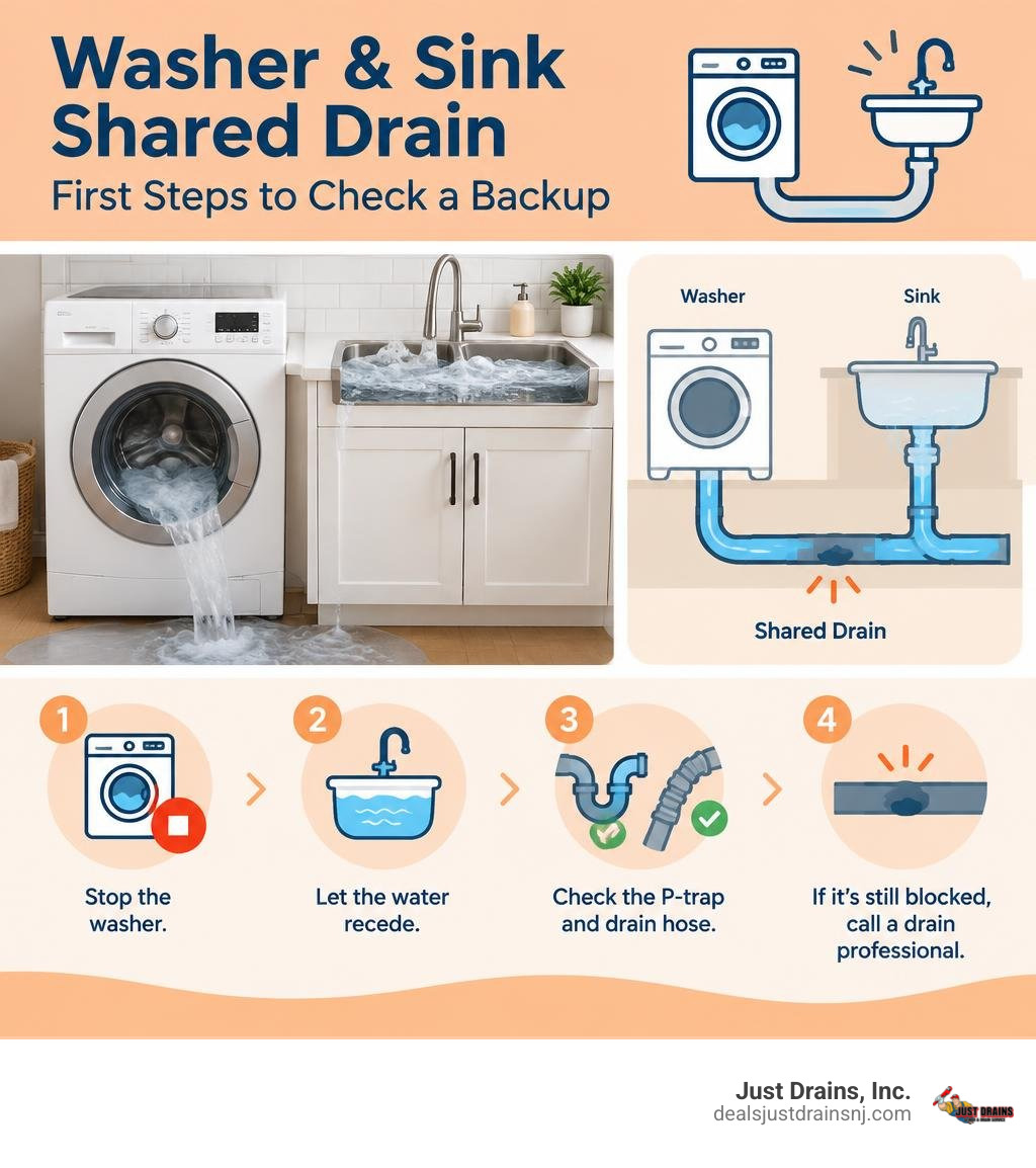 Washer and sink shared drain with first steps to check a backup infographic Washer and sink shared drain with first steps to check a backup infographic