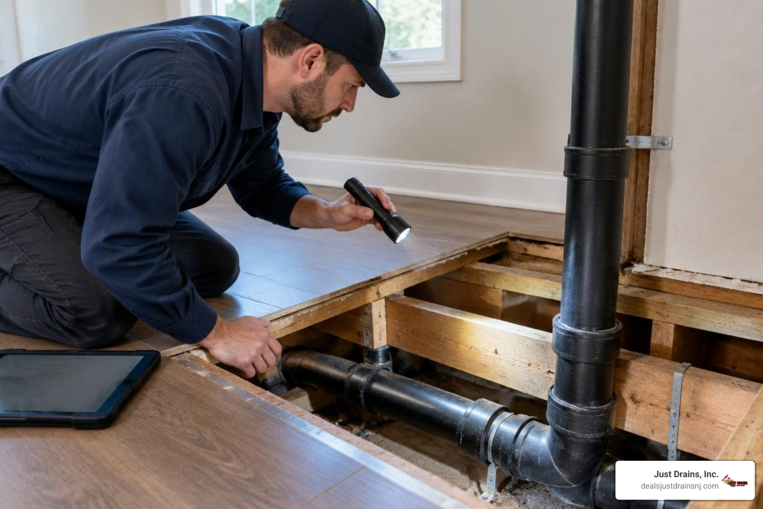 Plumbing vent stack and pipe slope inspection under residential flooring Plumbing vent stack and pipe slope inspection under residential flooring