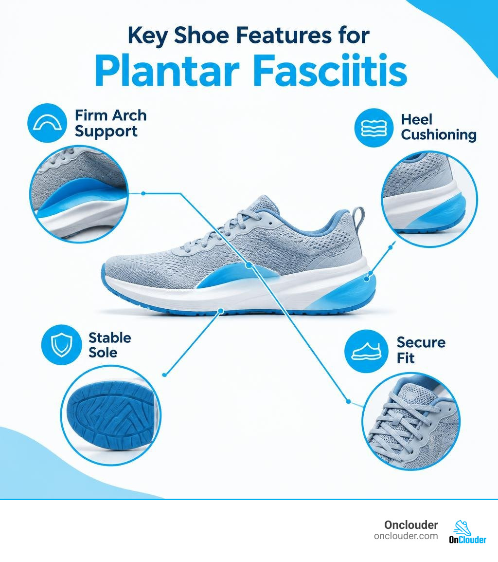 Key shoe features for plantar fasciitis: firm arch support, heel cushioning, stable sole, and secure fit infographic Key shoe features for plantar fasciitis: firm arch support, heel cushioning, stable sole, and secure fit infographic