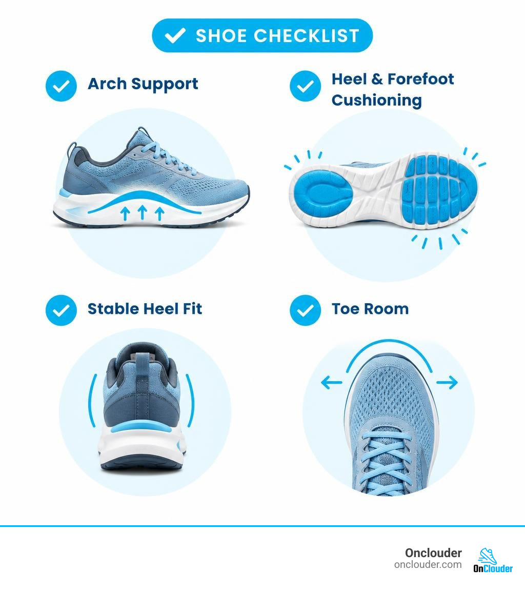 Checklist of arch support, heel and forefoot cushioning, stable heel fit, and toe room infographic Checklist of arch support, heel and forefoot cushioning, stable heel fit, and toe room infographic