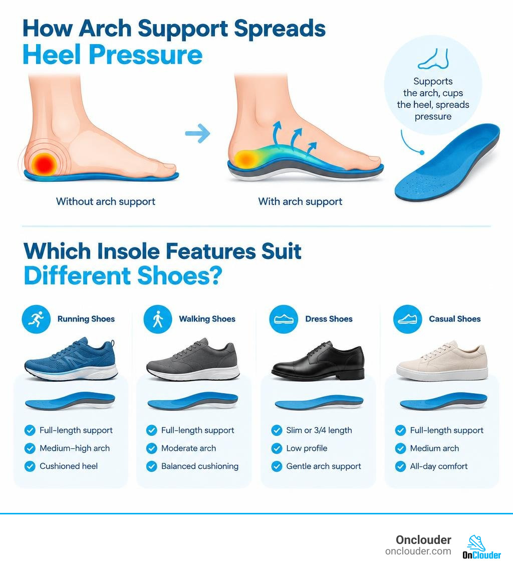 How arch support spreads heel pressure and which insole features suit different shoes infographic