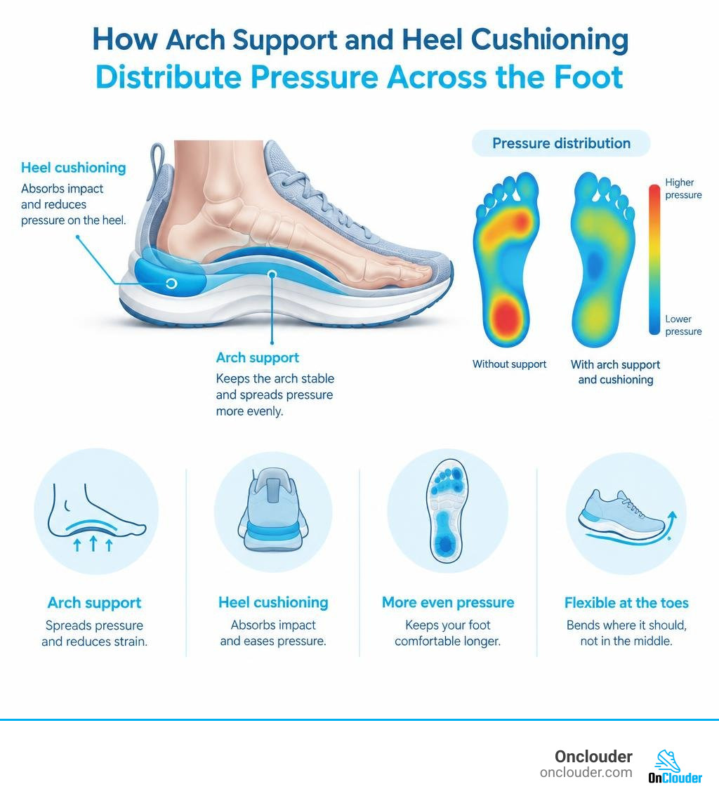 How arch support and heel cushioning distribute pressure across the foot infographic How arch support and heel cushioning distribute pressure across the foot infographic