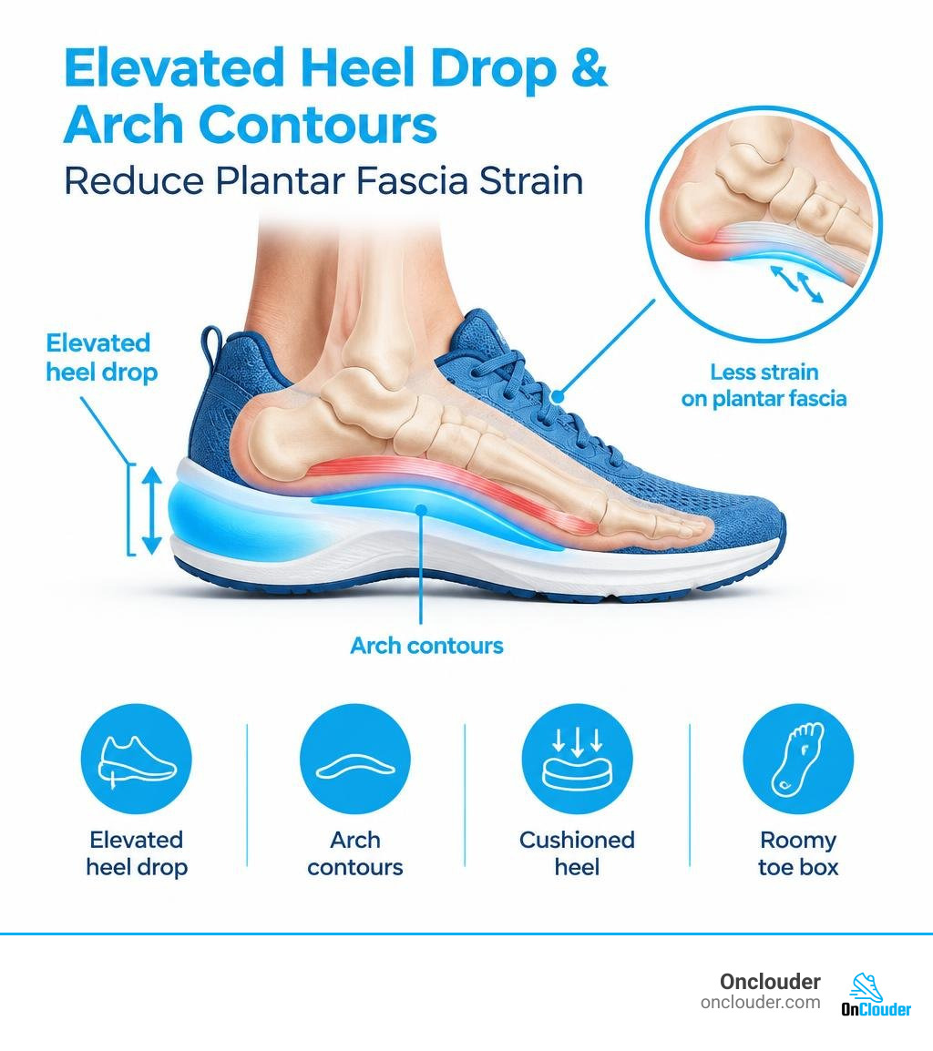 elevated heel drop and arch contours reducing plantar fascia strain infographic elevated heel drop and arch contours reducing plantar fascia strain infographic