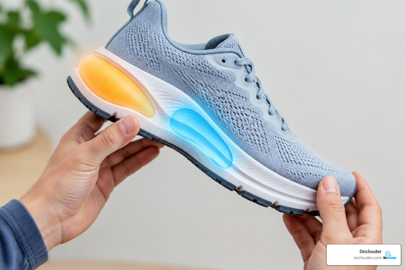 person inspecting a supportive running shoe with highlighted arch and heel cushioning zones person inspecting a supportive running shoe with highlighted arch and heel cushioning zones