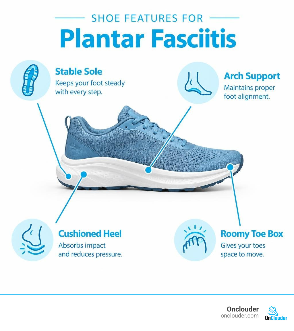 shoe features for plantar fasciitis: stable sole, arch support, cushioned heel, and roomy toe box infographic shoe features for plantar fasciitis: stable sole, arch support, cushioned heel, and roomy toe box infographic