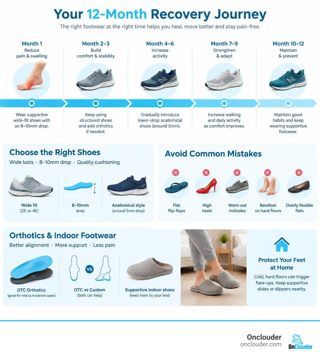 Timeline showing recovery milestones and footwear intervention across 12 months infographic Timeline showing recovery milestones and footwear intervention across 12 months infographic