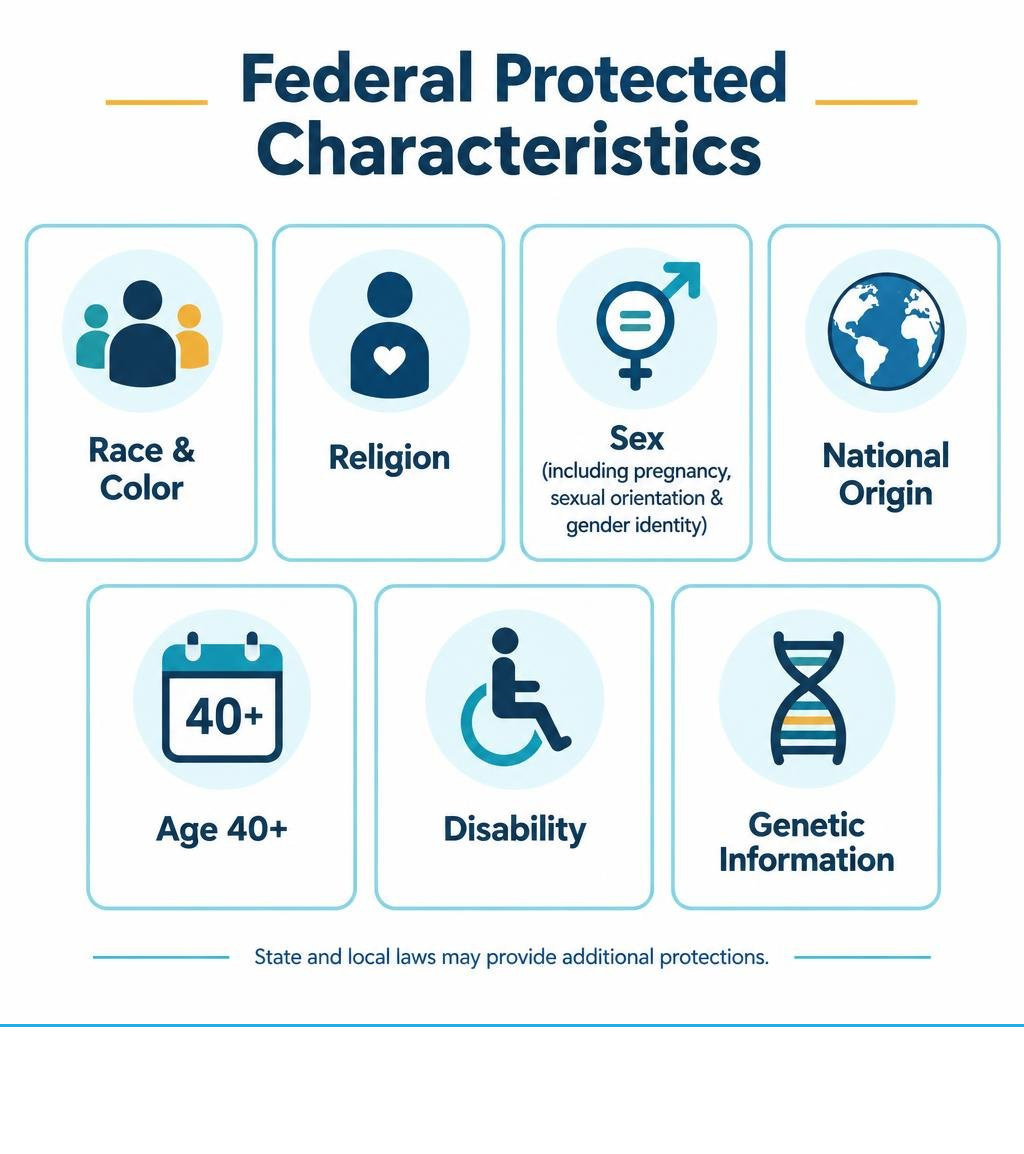 Infographic listing the seven federally protected characteristics in U.S. employment law: race and color, religion, sex Infographic listing the seven federally protected characteristics in U.S. employment law: race and color, religion, sex