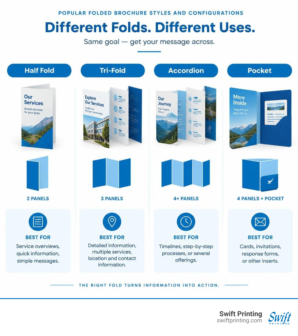 Comparison of half fold, tri-fold, accordion, and pocket brochure panels and uses infographic Comparison of half fold, tri-fold, accordion, and pocket brochure panels and uses infographic
