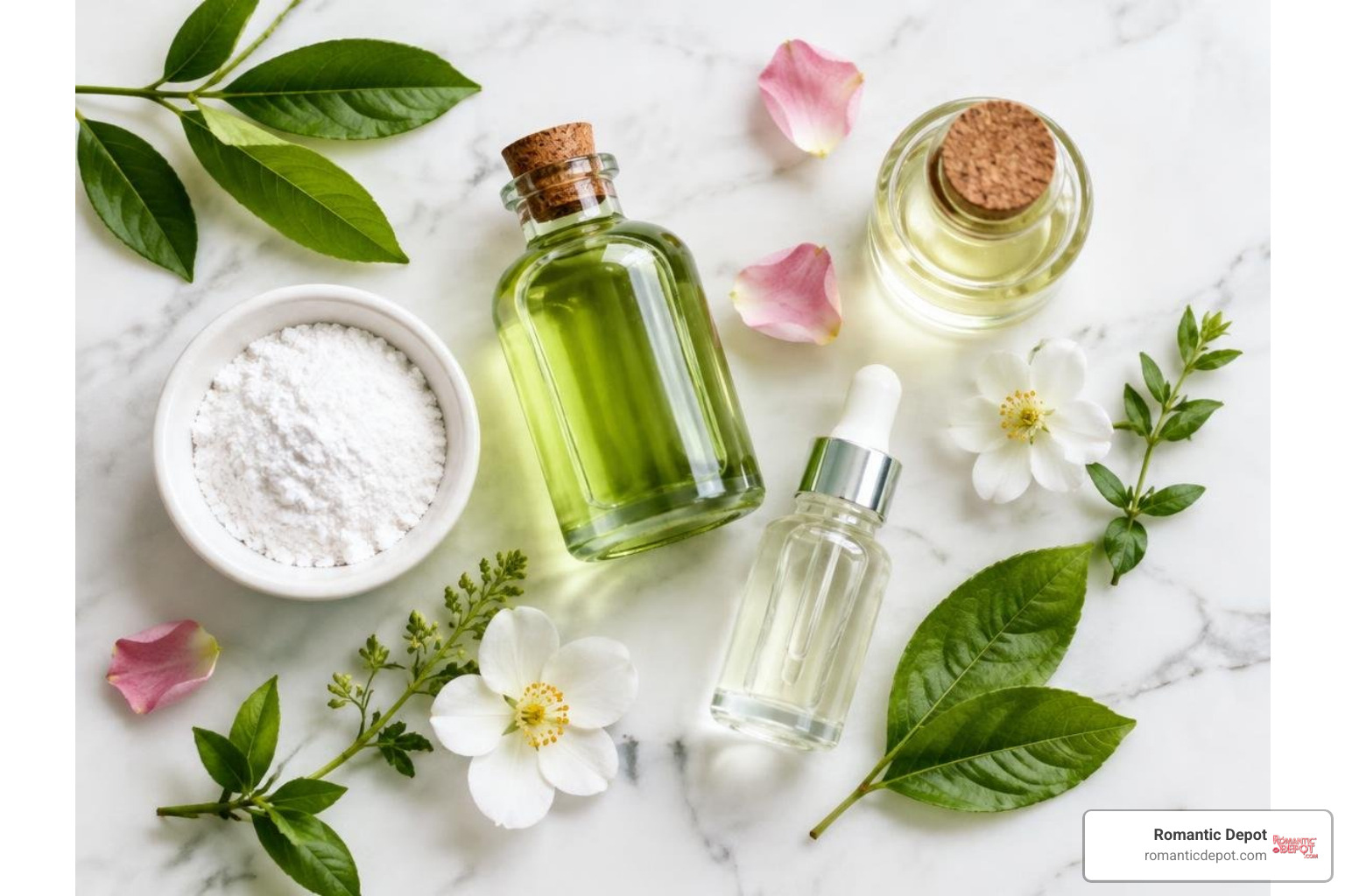 Natural plant extracts and body-safe ingredients on a clean surface