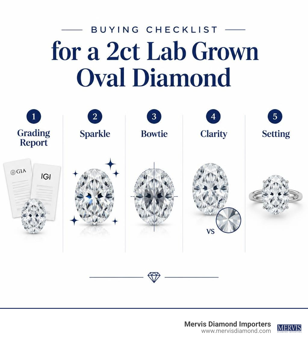 Buying checklist for a 2ct lab grown oval diamond: grading report, sparkle, bowtie, clarity, and setting infographic Buying checklist for a 2ct lab grown oval diamond: grading report, sparkle, bowtie, clarity, and setting infographic