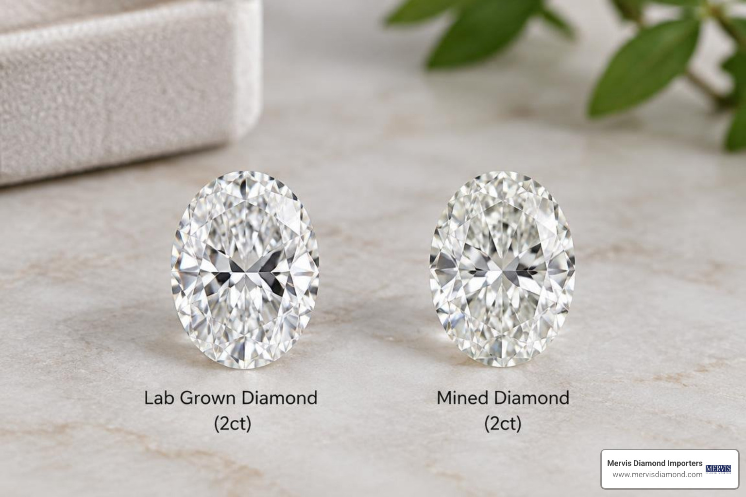 Comparing a 2ct lab grown oval diamond alongside a mined diamond Comparing a 2ct lab grown oval diamond alongside a mined diamond