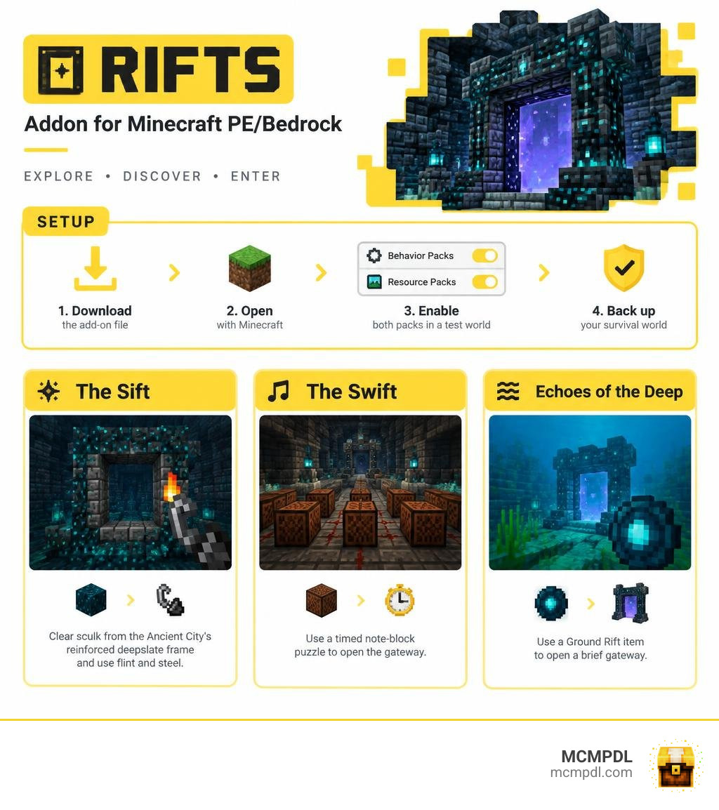 RIFTS add-on setup and portal methods for The Sift, The Swift, and Echoes of the Deep infographic