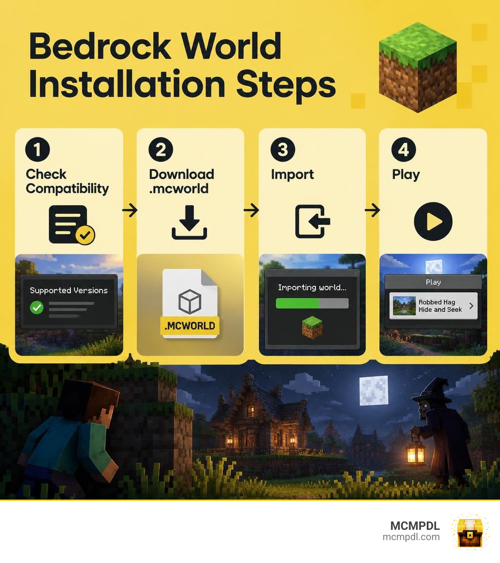 Bedrock world installation steps: check compatibility, download mcworld, import, and play infographic