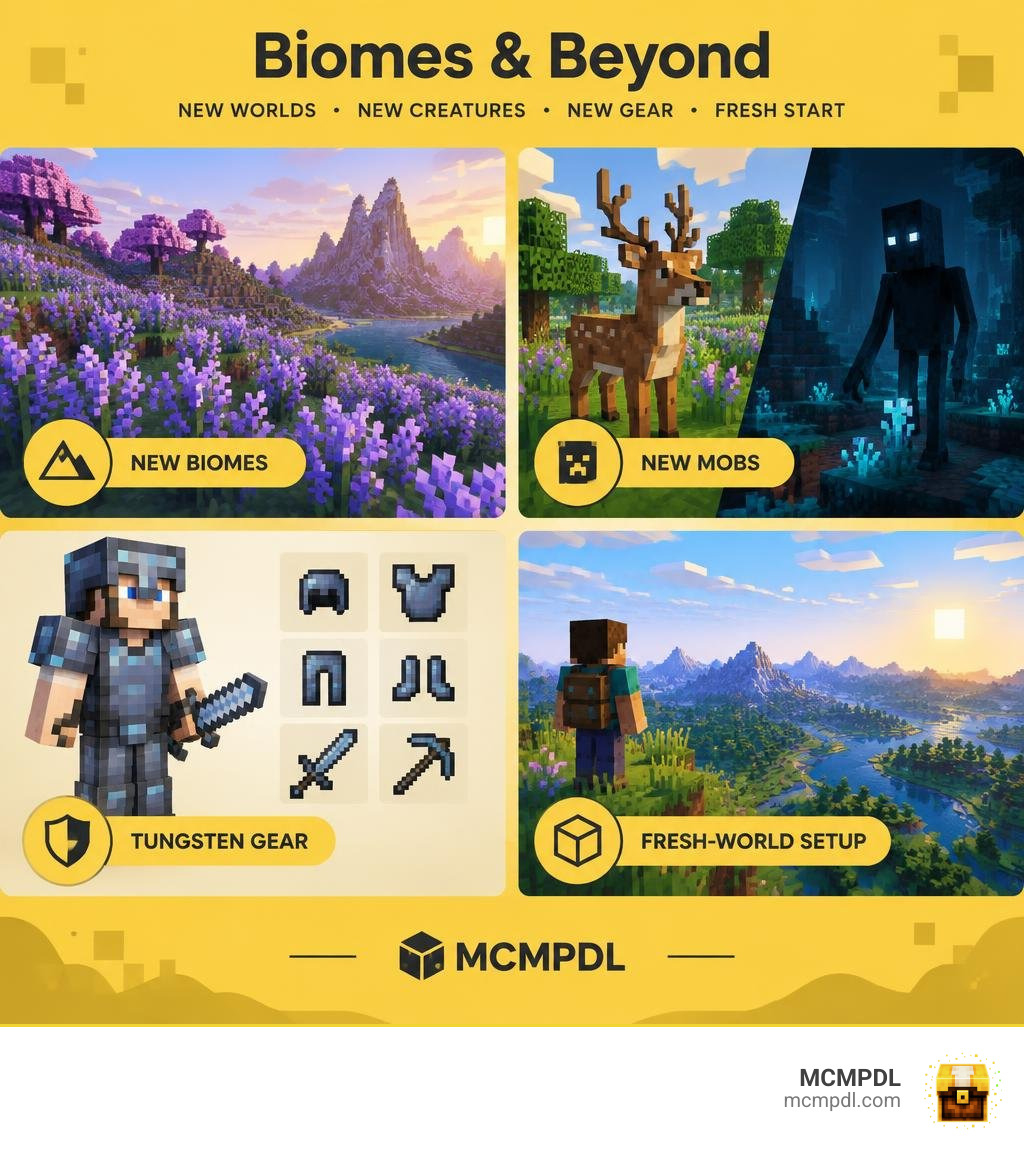 Biomes and Beyond features: new biomes, mobs, tungsten gear, and fresh-world setup infographic