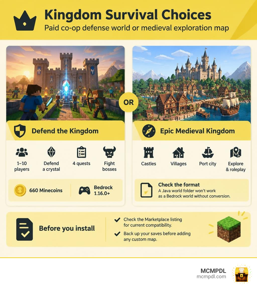 Kingdom survival choices: paid co-op defense world or medieval exploration map, with format checks infographic