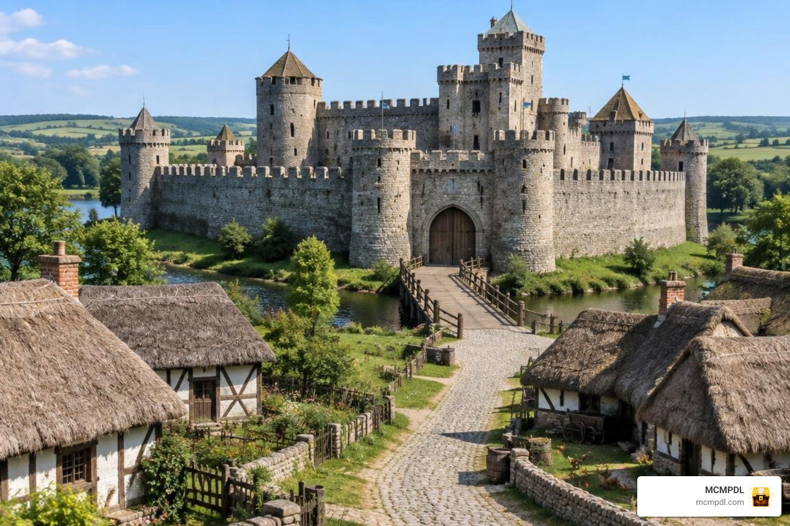fortified castle walls and medieval village structures