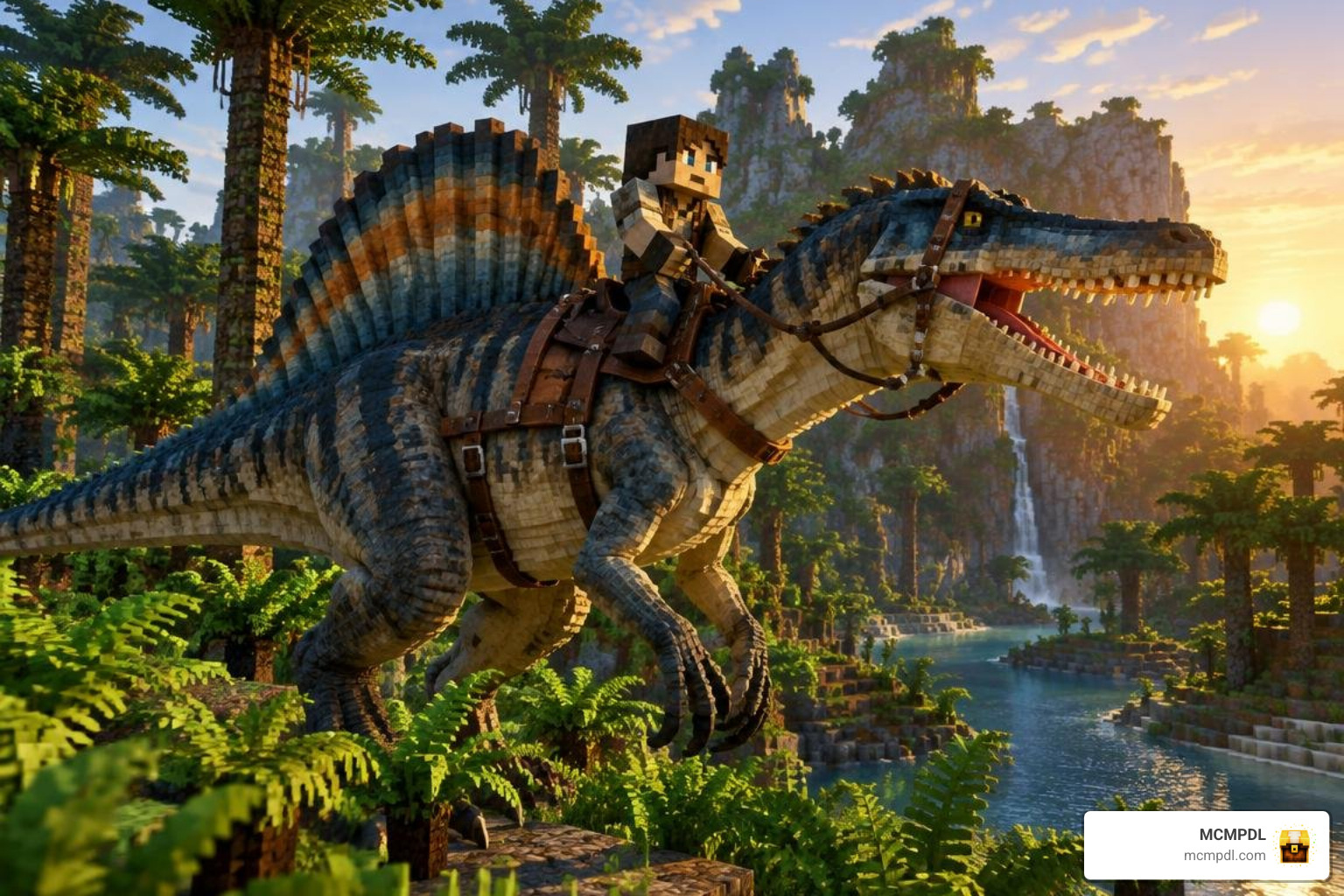 riding a tamed Spinosaurus with a crafted saddle