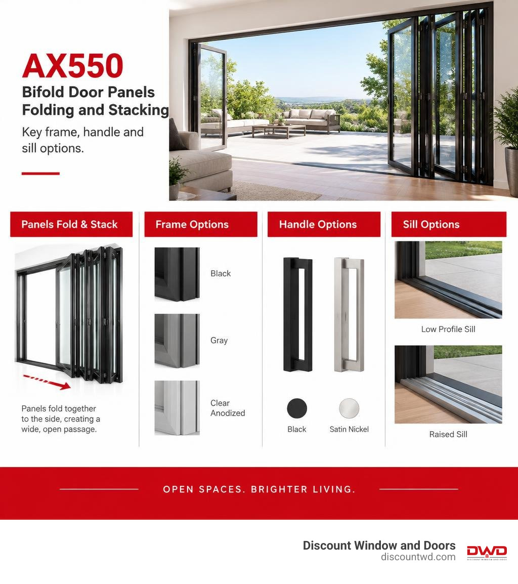 AX550 bifold door panels folding and stacking, with key frame, handle, and sill options infographic AX550 bifold door panels folding and stacking, with key frame, handle, and sill options infographic