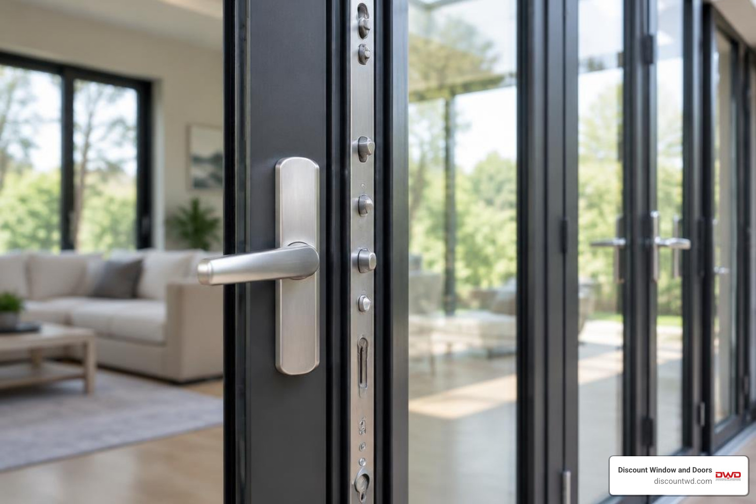 Satin Nickel handle and multi point lock hardware on folding glass wall Satin Nickel handle and multi point lock hardware on folding glass wall