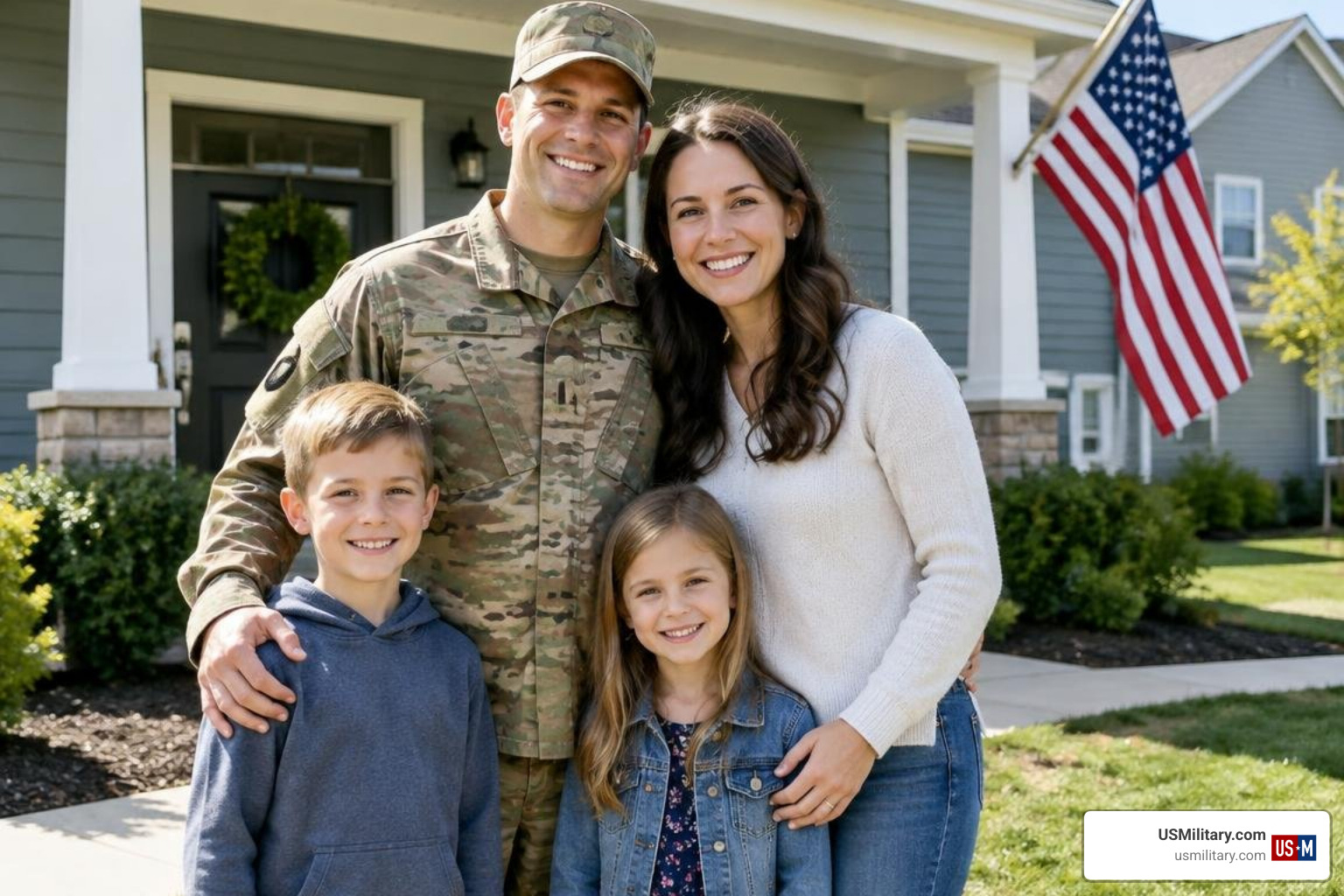 American veteran and military family outside their new home