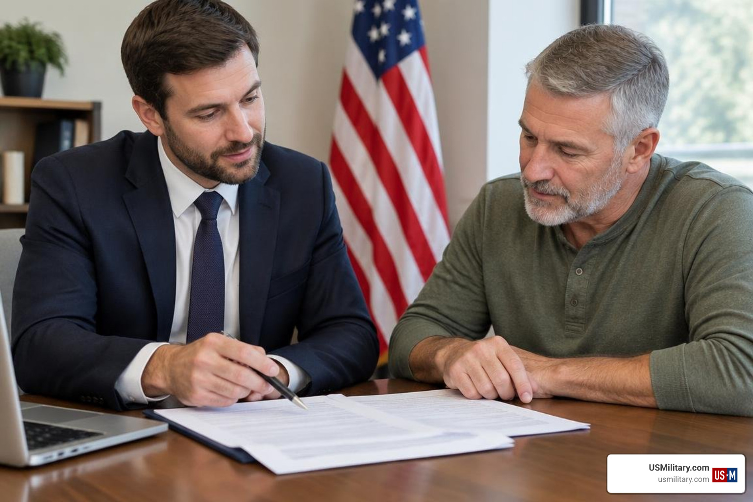 Real estate agent reviewing closing disclosures with service member