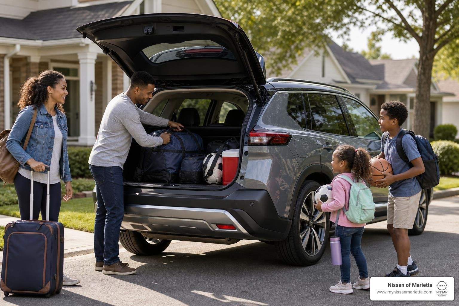 Family loading luggage and sports gear into the rear cargo area of a crossover SUV Family loading luggage and sports gear into the rear cargo area of a crossover SUV