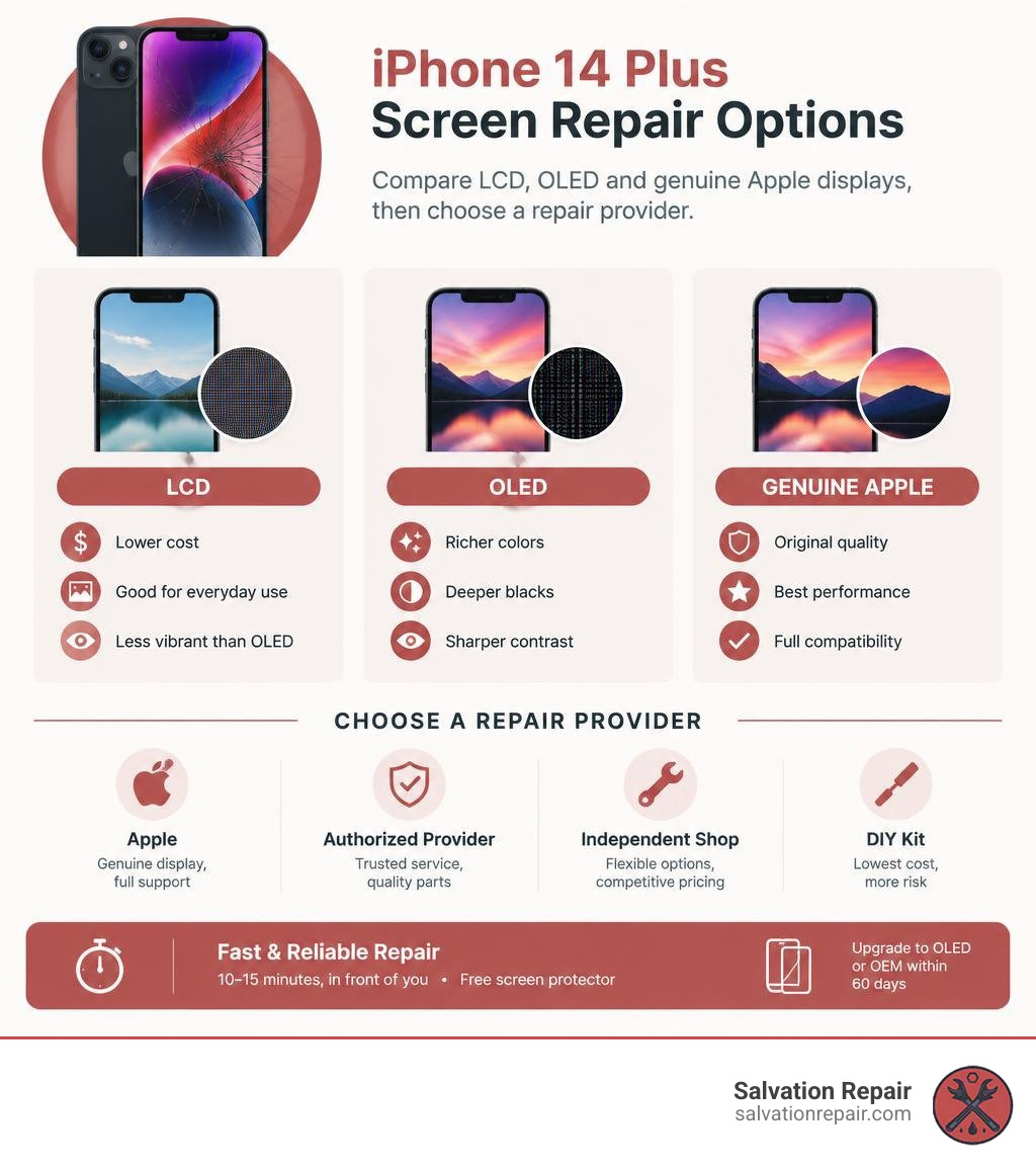 iPhone 14 Plus screen repair options: compare LCD, OLED and genuine Apple displays, then choose a repair provider infographic