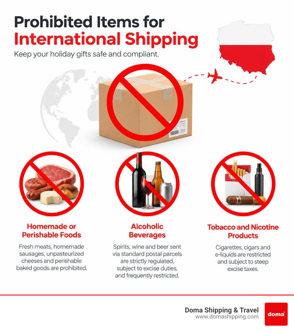 Infographic listing prohibited items for international shipping including homemade meats, alcohol, and hazardous goods Infographic listing prohibited items for international shipping including homemade meats, alcohol, and hazardous goods