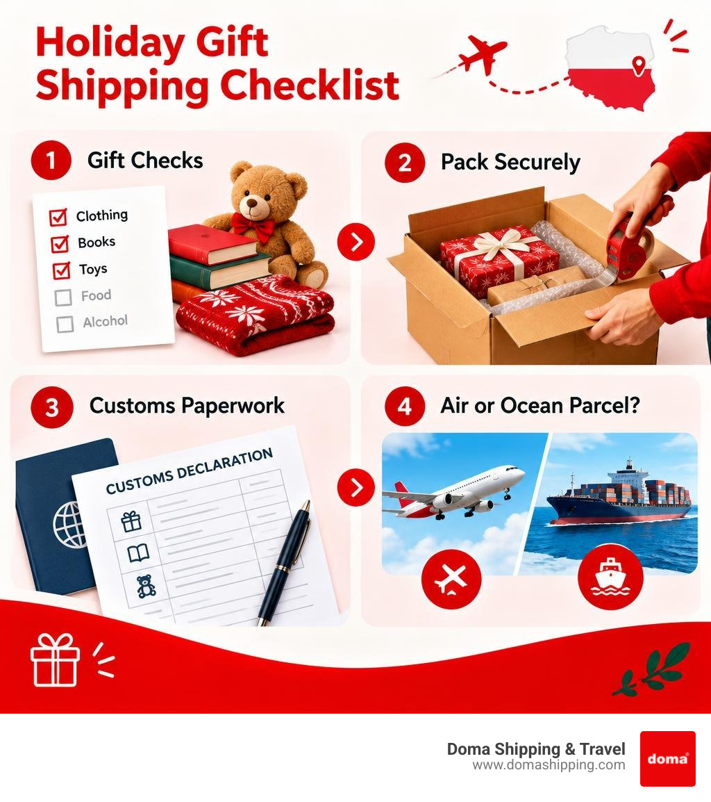 Holiday gift shipping checklist showing gift checks, packing, customs paperwork, and air or ocean parcel choice infographic Holiday gift shipping checklist showing gift checks, packing, customs paperwork, and air or ocean parcel choice infographic