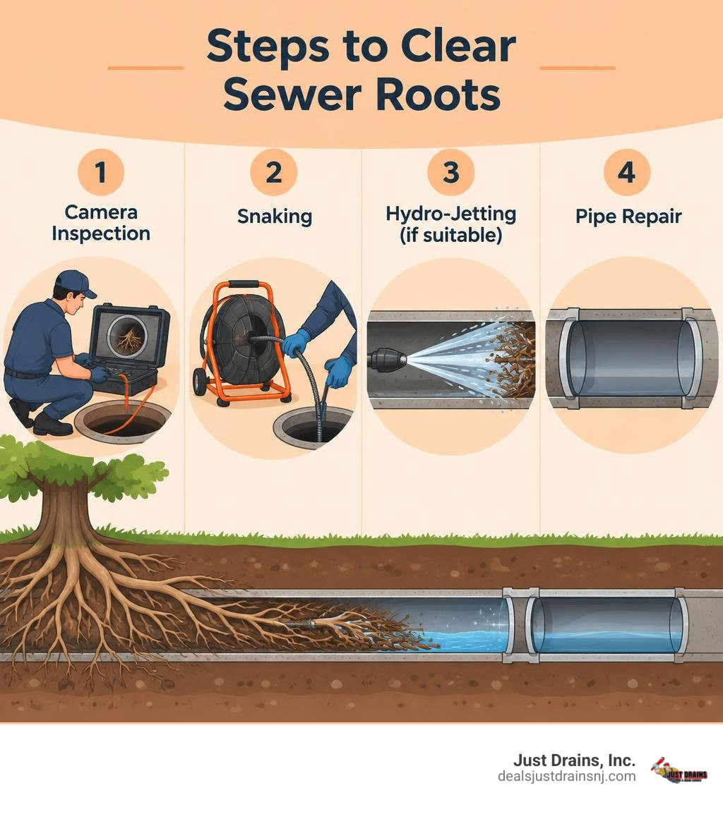Steps to clear sewer roots: camera inspection, snaking, hydro-jetting if suitable, and pipe repair infographic Steps to clear sewer roots: camera inspection, snaking, hydro-jetting if suitable, and pipe repair infographic