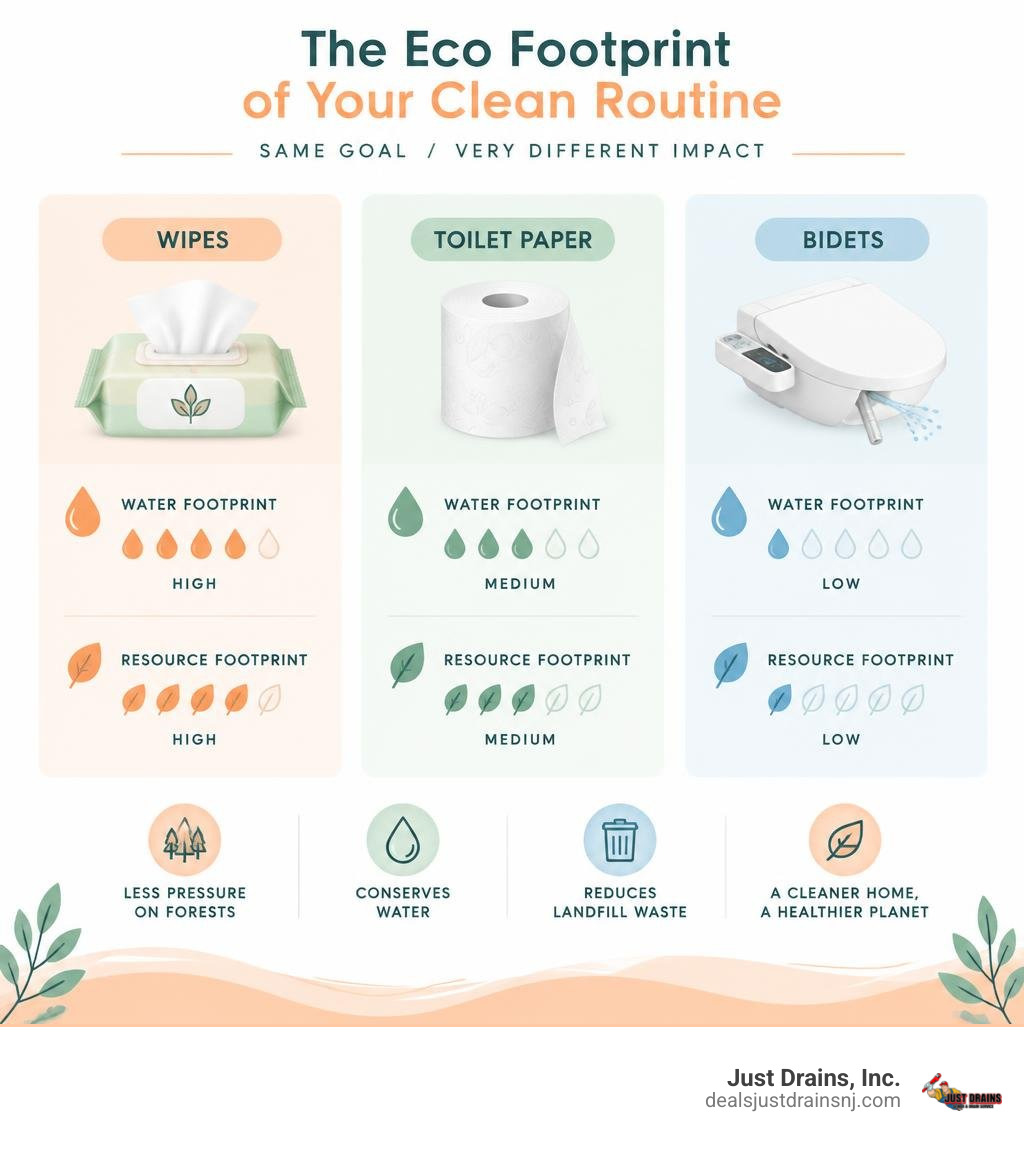 chart comparing the water and resource footprint of wipes vs toilet paper vs bidets infographic
