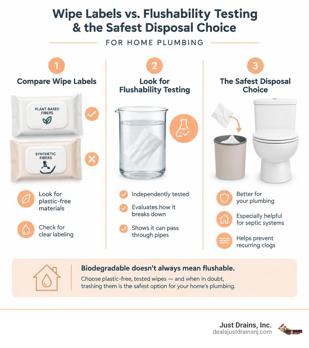 Comparison of wipe labels, flushability testing, and the safest disposal choice for home plumbing infographic