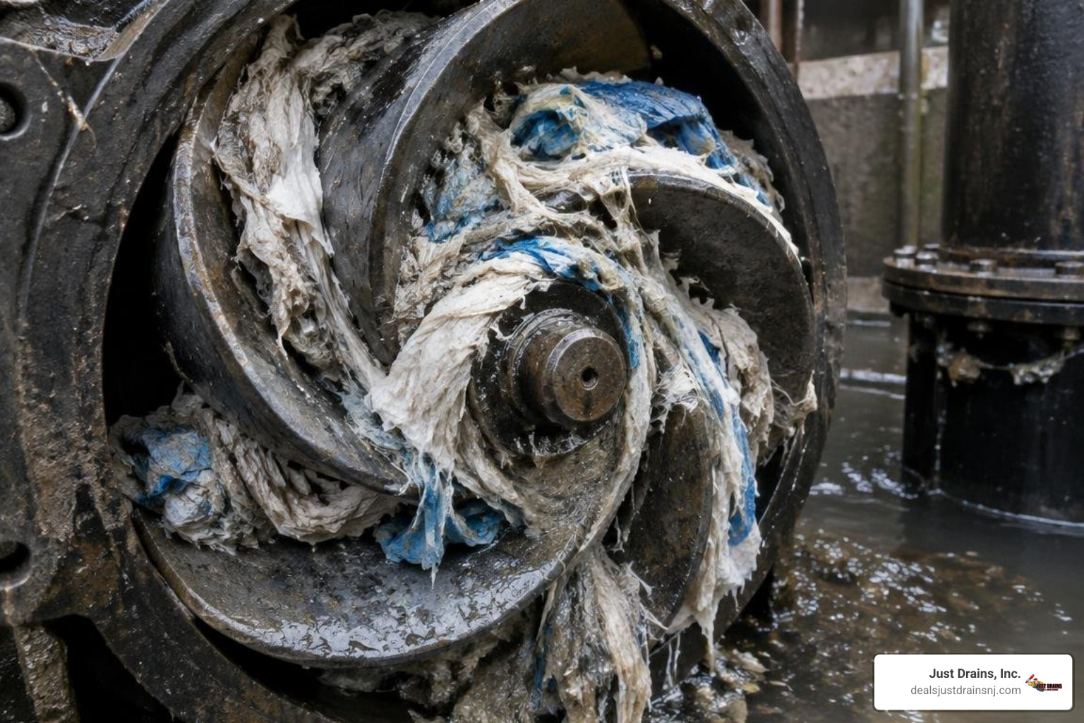 municipal sewer pump impeller clogged with entangled wipe fabric