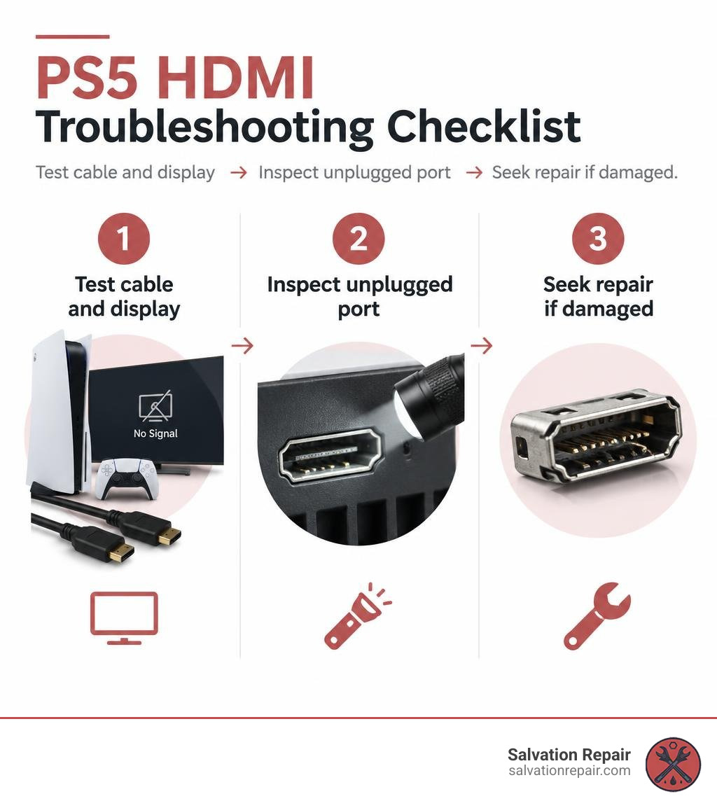 PS5 HDMI troubleshooting checklist: test cable and display, inspect unplugged port, seek repair if damaged infographic PS5 HDMI troubleshooting checklist: test cable and display, inspect unplugged port, seek repair if damaged infographic